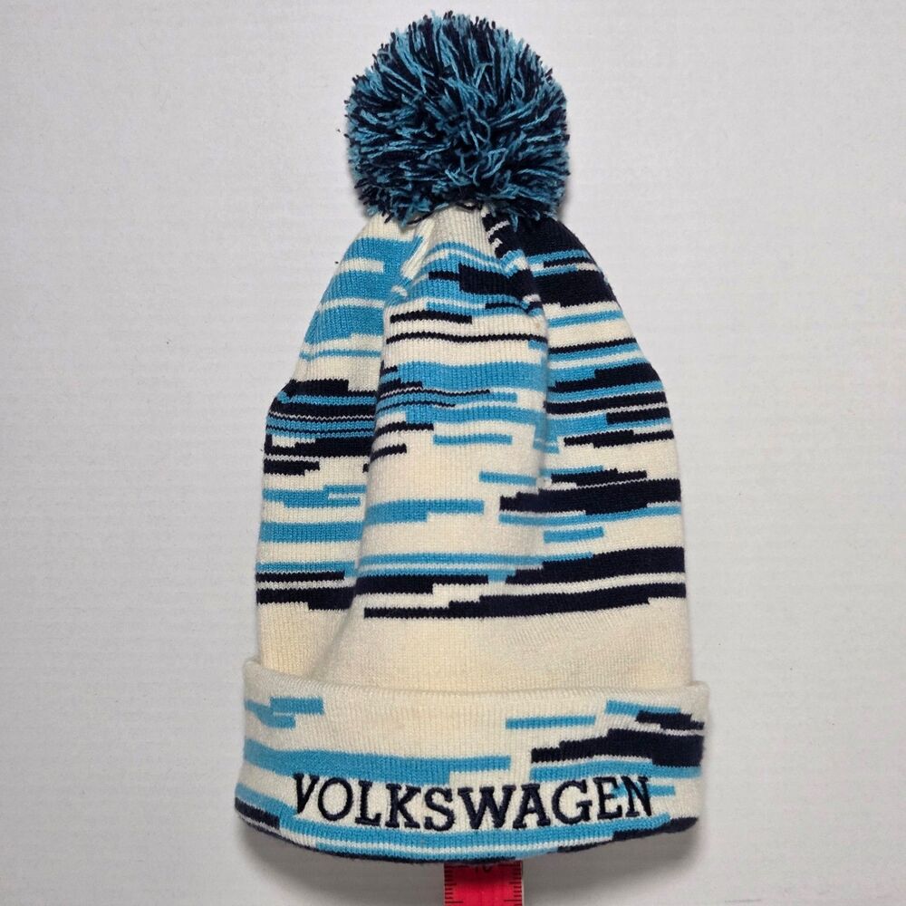 Volkswagen DriverGear Knit Beanie Hat Blue White Striped Pom Pom Winter Gorpcore